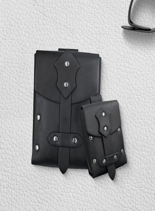 CALFOVERA 2PCS Medieval PU Leather Studded Belt Pouch Retro Renaissance Waist Bag Portable Viking Rivet Side Pack Adjustable Waist Pouch for Halloween Costume Cosplay LARP Events(Black) - Image 4
